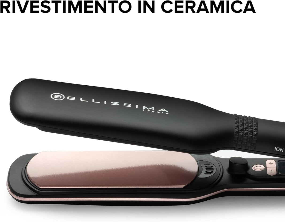 Bellissima Imetec XL ION, piastra lisciante per capelli, piastre larghe, ionizzatore, rivestimento ceramica e cheratina, 5 temperature da 150 a 230°C, riscaldamento rapido, cavo 1,8 m