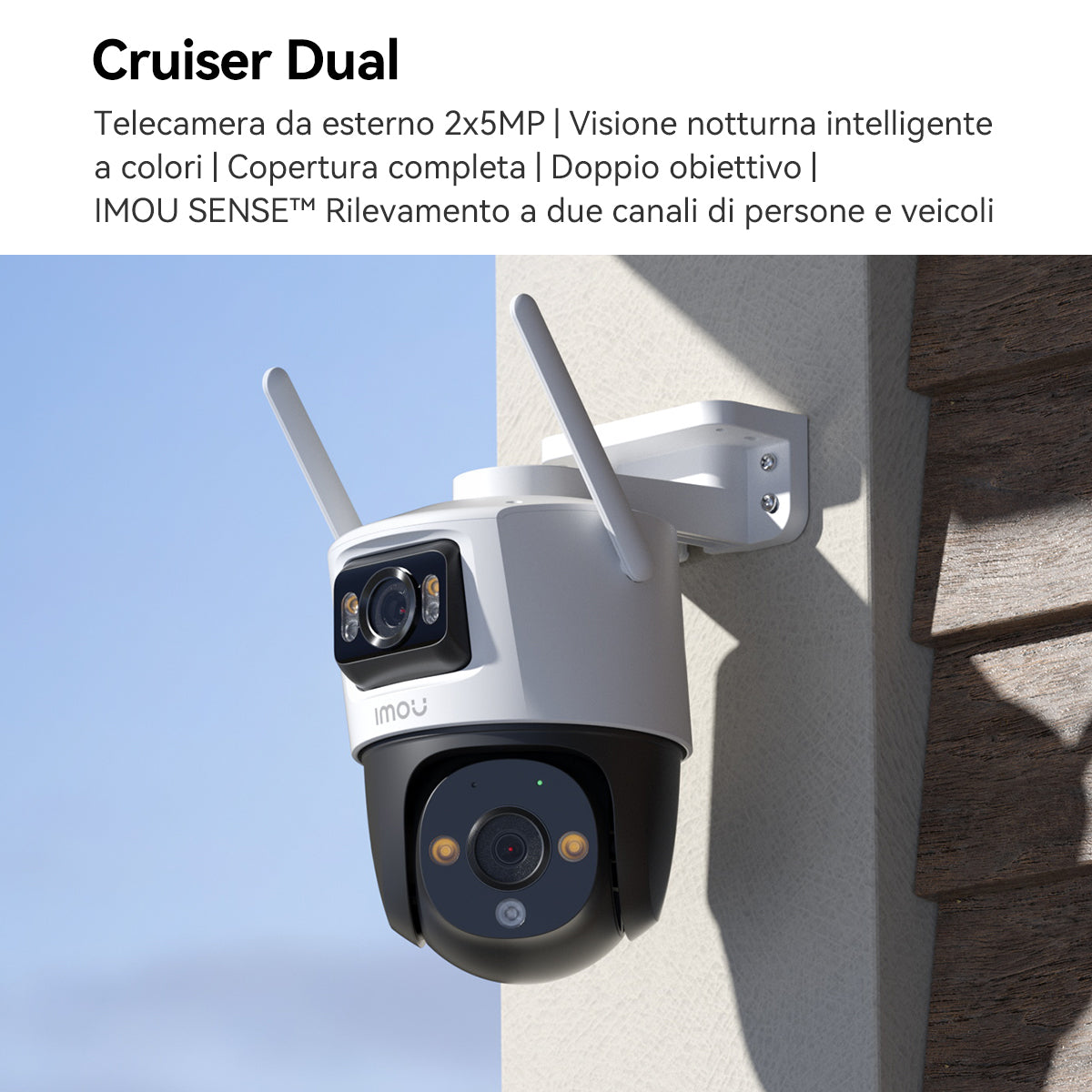 Imou Crusier DUAL 2K (3MP+3MP) Telecamera Wi-Fi Esterno Doppio Obiettivo, 360°PTZ Videocamera Sorveglianza Esterno con Visione Notturna a Colori, Rilevamento Umano/Veicoli, IP66, Tracciamento Intelligente, 2,4ghz