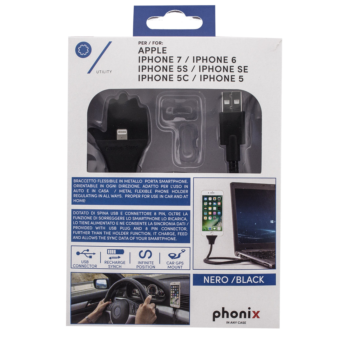 Phonix Cavo Dati/Ricarica USB - Apple 8-Pin con Supporto Flessibile - Nero