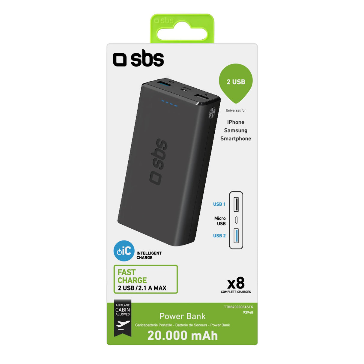 SBS Power bank 20.000 mAh extra slim con porta USB 2.1A Intelligent Charge (IC)