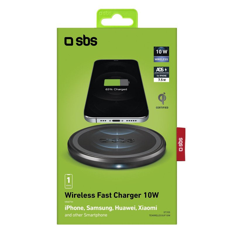 SBS TEWIRELESSUF10W Caricabatterie per dispositivi mobili Smartphone Nero USB Carica wireless Ricarica rapida Interno