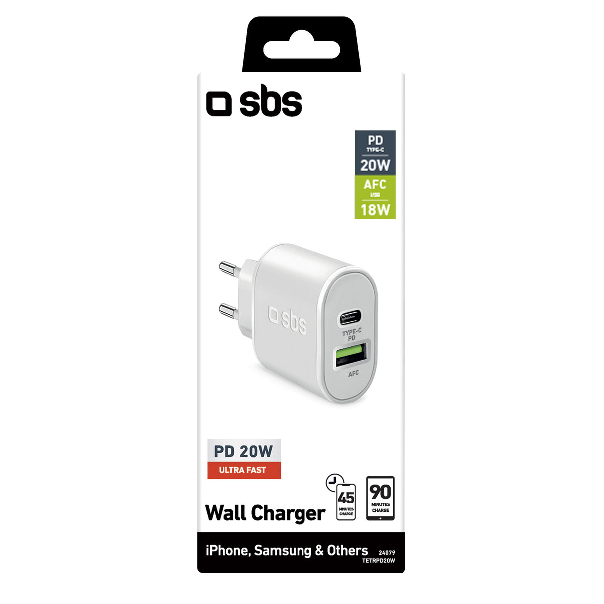 SBS Caricabatterie caricatore 20 Watt - Ricarica ultra rapida e due porte USB